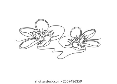 Single one line drawing beauty fresh plumeria for home decoration wall art poster print. Frangipani flower concept for wedding invitation card. Continuous line draw design graphic vector illustration