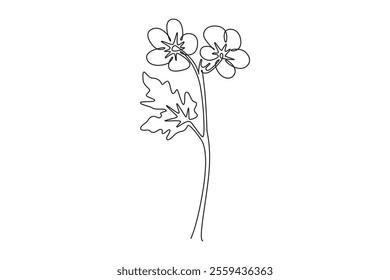 Single one line drawing beauty fresh geranium for wall decor home print art poster. Printable decorative cranesbills flower for card ornament. Continuous line draw design graphic vector illustration