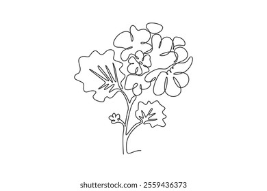 Single one line drawing of beauty fresh geranium for garden logo. Printable decorative cranesbills flower concept fashion fabric textile. Modern continuous line draw design graphic vector illustration