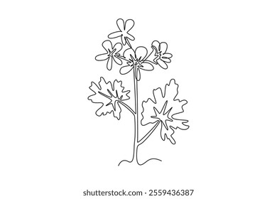 Single one line drawing beauty fresh geranium for garden icon logo. Printable decorative cranesbills flower concept for fashion fabric textile. Continuous line draw design graphic vector illustration