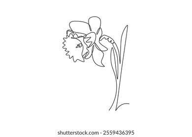 Single one line drawing beauty fresh narcissus for garden logo icon. Printable decorative daffodil flower concept for wedding invitation card. Continuous line draw design graphic vector illustration