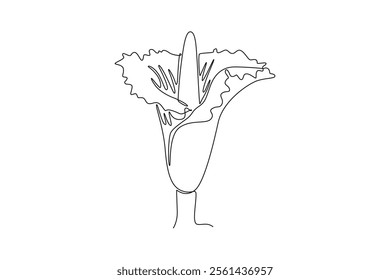 Single one line drawing beauty fresh amorphophallus titanum for home wall decor art poster. Decorative titan arum flower for national park icon. Continuous line draw design graphic vector illustration