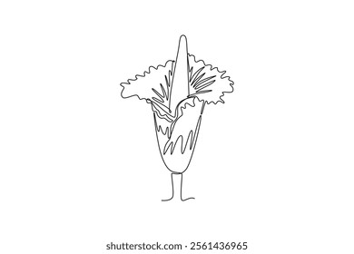 Single one line drawing of beauty fresh amorphophallus titanum for home wall decor poster print. Decorative titan arum flower for national park. Continuous line draw design graphic vector illustration