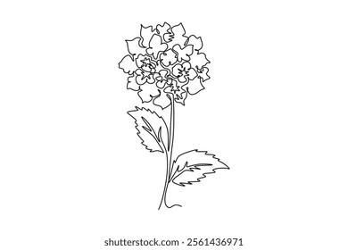 Single one line drawing beauty fresh lantana for garden logo. Decorative shrub verbena flower concept for home wall decoration art poster print. Continuous line draw design graphic vector illustration