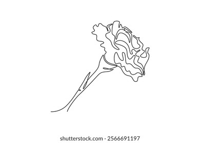 Single one line drawing beauty fresh dianthus for home decor poster wall art. Printable decorative carnation flower for wedding invitation card. Continuous line draw design graphic vector illustration