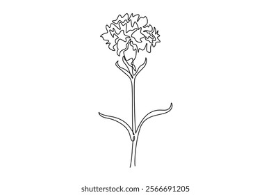 Single one line drawing of beauty fresh carnation for home wall decor poster print art. Decorative clove pink flower concept for greeting card. Continuous line draw design graphic vector illustration