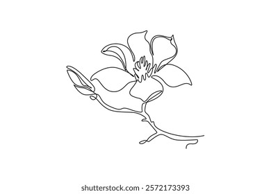 Single one line drawing of beauty fresh magnoliaceae for garden logo. Decorative magnolia flower concept for home wall decor art poster. Modern continuous line draw design graphic vector illustration