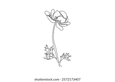 Single one line drawing beauty fresh anemone flower for garden logo. Decorative perennial windflower for home wallpaper decor poster print art. Continuous line draw design graphic vector illustration