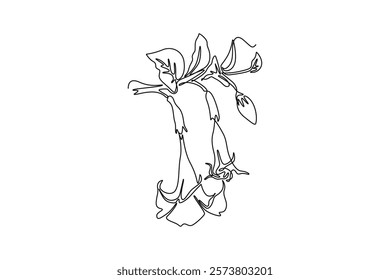 Single one line drawing beauty fresh brugmansia for garden logo. Decorative angel trumpet flower concept for home decor wall art poster print. Continuous line draw design graphic vector illustration