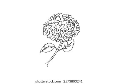 Single one line drawing beauty fresh hortensia for garden logo. Decorative hydrangea flower concept for wall decor home art poster print. Modern continuous line draw design graphic vector illustration