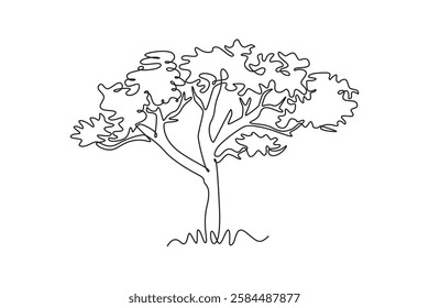 Single one line drawing beauty marula tree for wall decor art poster print. Sclerocarya birrea plant for national park logo. Tourism and travel. Continuous line draw design graphic vector illustration