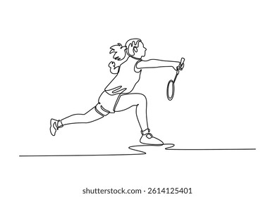 Single one line drawing beauty female badminton player get ready to receive shuttlecock from opponent during game play on indoor court. Modern continuous line draw design graphic vector illustration