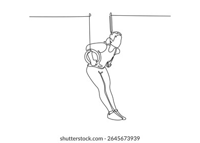 Uma única linha desenhando a beleza atleta feminina fazendo complicado truque emocionante em anéis de ginástica no ginásio profissional. Movimento, ação, movimento. Ilustração de vetor gráfico de design de desenho de linha contínua