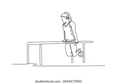Uma única linha desenhando a ginasta feminina da beleza exercitando-se em bares paralelos no clube de saúde moderno. Forte ginasta realizar acrobacias em roupas esportivas. Ilustração de vetor gráfico de design de desenho de linha contínua