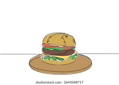 Single one line drawing beef burger on a round wooden cutting board. Delicious food is served. Filling every stomach. Tasty. National Beef Burger Day. Continuous line design graphic illustration