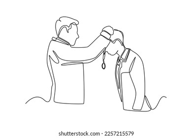 Single one line drawing best employee gets medal from manager. Personal development Concept. Continuous line draw design graphic vector illustration.