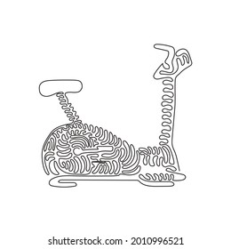 Single one line drawing bicycle exercise machine. Stationary exercise bike gym. Static bike for workout. Swirl curl style concept. Modern continuous line draw design graphic vector illustration