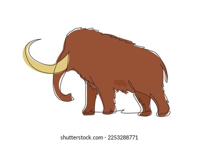 Single one line drawing big mammoth business logo identity. Prehistoric animal from ice age. Strong animal mascot for zoo, tusks, elephant species. Modern continuous line draw design graphic vector