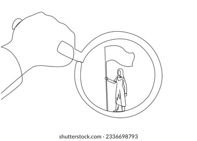 Single one line drawing big hand holding the magnifier by highlighting Arabian businesswoman who is standing holding the flag. A symbol of the glory of a businesswoman. Continuous line design graphic