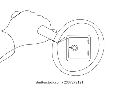 Single one line drawing big hand holding magnifying glass highlights safe deposit box. Focus on protection. Store important documents in a vault. Riskless. Continuous line design graphic illustration