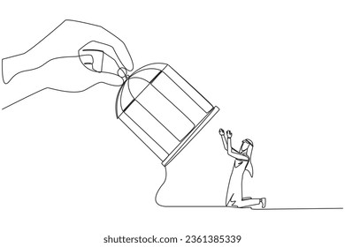 Single one line drawing big hand hold cage catch kneeling Arabian businessman. Entrepreneurs who surrender to situation. Take responsibility for all errors. Continuous line design graphic illustration