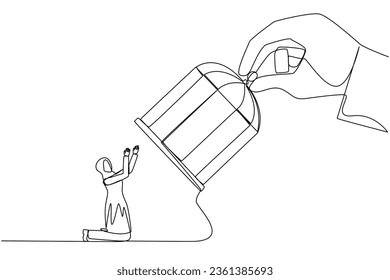 Single one line drawing big hand hold cage want catch kneeling Arabian businesswoman. Entrepreneurs who surrender to situation. Take responsibility for all errors. Continuous line graphic illustration