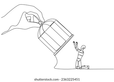 Single one line drawing big hand hold the cage catch kneeling robot. Entrepreneurs who surrender to the situation. Take responsibility for all errors. Tech. Continuous line design graphic illustration