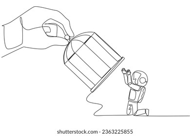 Single one line drawing big hand hold the cage catch kneeling astronaut. Entrepreneurs who surrender to the situation. Take responsibility for all errors. Continuous line design graphic illustration