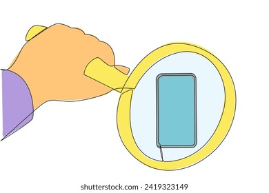 Single one line drawing of big hand holding magnifying glass highlights the smartphone. Observe every detail of the smartphone. Undergo changes as needed. Continuous line design graphic illustration