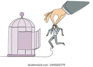 Single one line drawing big hands holding businessman and want put in a cage. Trapping roughly. Beating a business opponent by cheating. Unfair business. Continuous line design graphic illustration