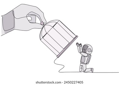 Single one line drawing big hand hold the cage catch kneeling astronaut. Entrepreneurs who surrender to the situation. Take responsibility for all errors. Continuous line design graphic illustration