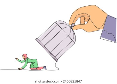 Single one line drawing big hand holds the cage want to catch crawl Arab businesswoman. Losing streak. Lost on all fronts. Helpless businesswoman. Bankrupt. Continuous line design graphic illustration