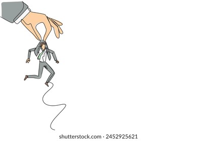 Single one line drawing big hand holding businessman. Workplace moving metaphor. Position transfer. Level up. Have bigger responsibilities. Successful. Continuous line design graphic illustration
