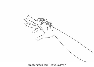 Single one line drawing big spider posing on hand. Joking with pets. Tarantula is an agile animal. Has spider web. Has poison. National Save a Spider Day. Continuous line design graphic illustration