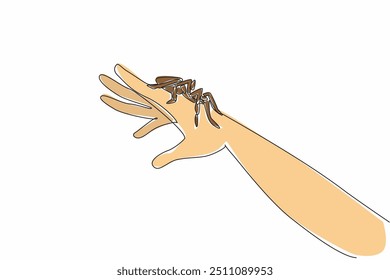 Uma única linha desenhando grande aranha posando na mão. Brincadeira com animais de estimação. A tarântula é um animal ágil. Tem teia de aranha. Tem veneno. Dia Nacional da Aranha. Ilustração gráfica de design de linha contínua