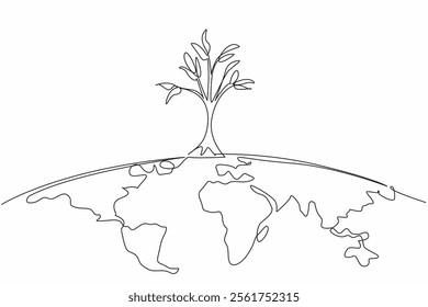 Single one line drawing big tree on top of semicircle of world map. The spirit of improving nature by planting lots of trees. Go green. National Arbor Day. Continuous line design graphic illustration