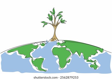 Single one line drawing big tree on top of semicircle of world map. The spirit of improving nature by planting lots of trees. Go green. National Arbor Day. Continuous line design graphic illustration