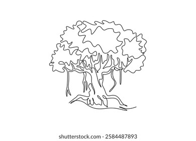 Single one line drawing big shady and beauty leafy banyan tree. Decorative ficus benghalensis plant concept for national park logo icon. Modern continuous line draw design graphic vector illustration