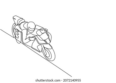 Single one line drawing biker wearing helmet, riding motorcycle in asphalt road. Young man in racer overalls and helmet sitting on sports bike. Continuous line draw design graphic vector illustration
