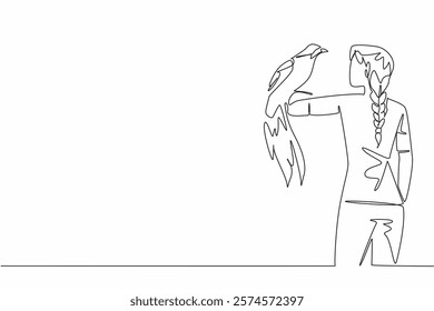 Single one line drawing bird of paradise perched on hand of woman. One of the most visited animals in the wildlife park. Favorites. Woman Holding Bird. Continuous line design graphic illustration