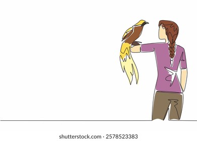 Single one line drawing bird of paradise perched on hand of woman. One of the most visited animals in the wildlife park. Favorites. Woman Holding Bird. Continuous line design graphic illustration