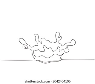 Single one line drawing blue water splash and drops isolated on white background. Aqua crown shape. Closeup of fresh and clear splash. Modern continuous line draw design graphic vector illustration