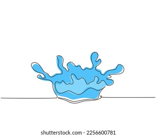 Single one line drawing blue water splash and drops isolated on white background. Aqua crown shape. Closeup of fresh and clear splash. Modern continuous line draw design graphic vector illustration