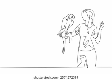 Single one line drawing blue gold macaw parrot perched on hand of woman. Large parrot with long tail feathers. Grain eaters. Pets. Woman Holding Bird. Continuous line design graphic illustration