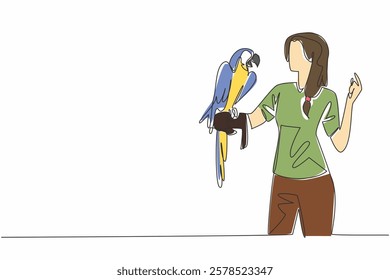 Single one line drawing blue gold macaw parrot perched on hand of woman. Large parrot with long tail feathers. Grain eaters. Pets. Woman Holding Bird. Continuous line design graphic illustration