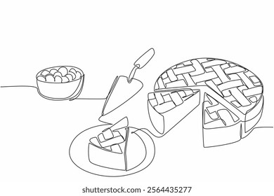 Single one line drawing blueberry pie cut into pieces. Share the pleasure of the softness of sweet and sour snacks. Freshness. National Blueberry Pie Day. Continuous line design graphic illustration