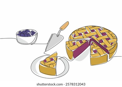 Single one line drawing blueberry pie cut into pieces. Share the pleasure of the softness of sweet and sour snacks. Freshness. National Blueberry Pie Day. Continuous line design graphic illustration