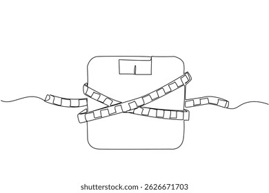 Escalas de corpo de desenho de uma única linha amarradas com fita de medição. Um símbolo para se lembrar da vida saudável o tempo todo. Dieta. Dia de Pesos e Medidas. Ilustração gráfica de design de linha contínua