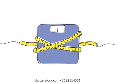 Escalas de corpo de desenho de uma única linha amarradas com fita de medição. Um símbolo para se lembrar da vida saudável o tempo todo. Dieta. Dia de Pesos e Medidas. Ilustração gráfica de design de linha contínua
