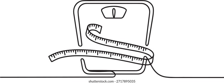 Escalas de corpo de desenho de uma única linha amarradas com fita de medição. Um símbolo para se lembrar da vida saudável o tempo todo. Dieta. Uma linha Ícone desenho

